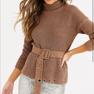 Fashion union High neck fitted sweater with waist belt